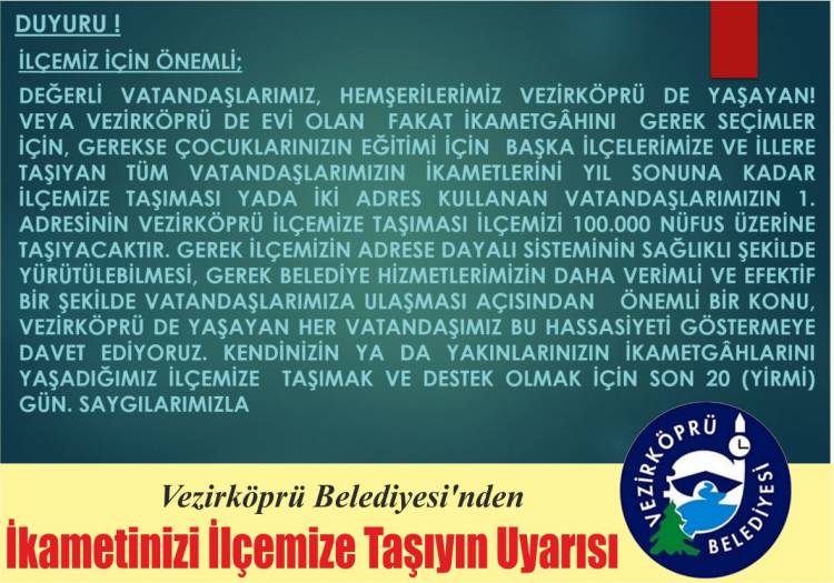 Vezirköprü Belediyesi’nden İkametinizi İlçemize Taşıyın Çağrısı